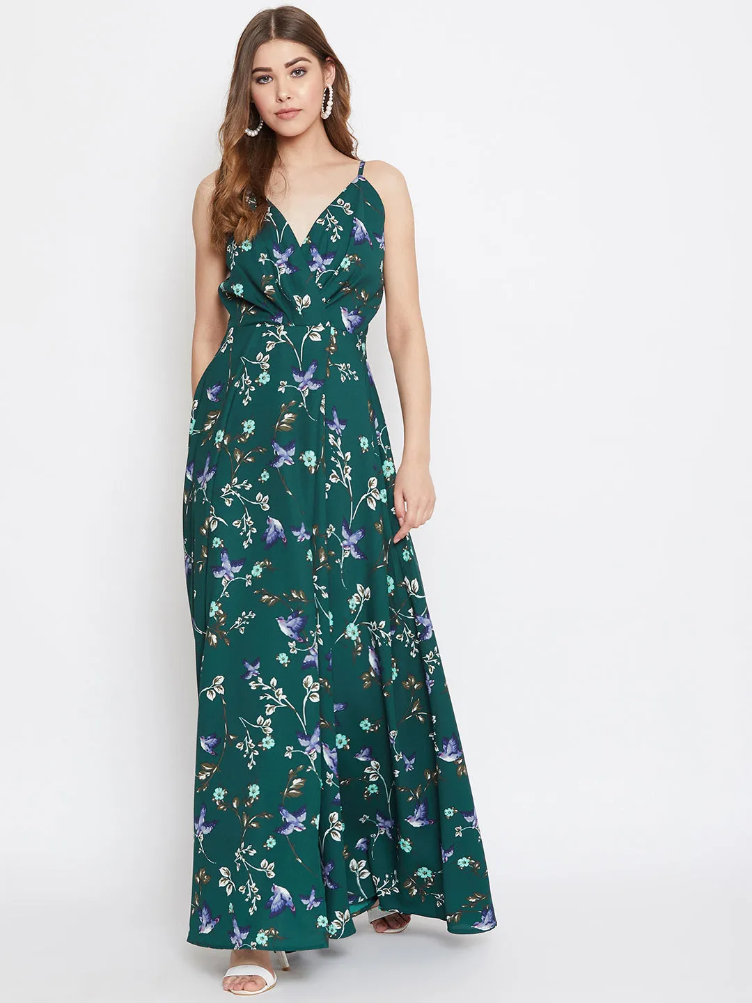 Berrylush Women Dark Green & Off-White Floral Printed V-Neck Thigh-High Slit Fit & Flare Maxi Dress