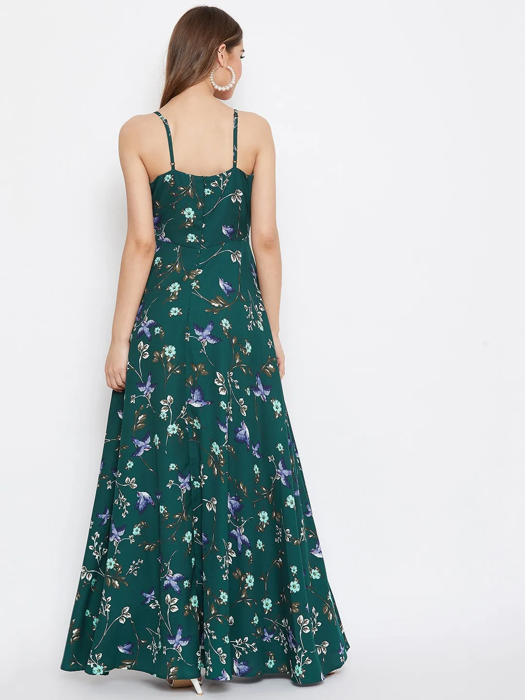 Berrylush Women Dark Green & Off-White Floral Printed V-Neck Thigh-High Slit Fit & Flare Maxi Dress