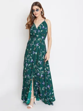 Berrylush Women Dark Green & Off-White Floral Printed V-Neck Thigh-High Slit Fit & Flare Maxi Dress