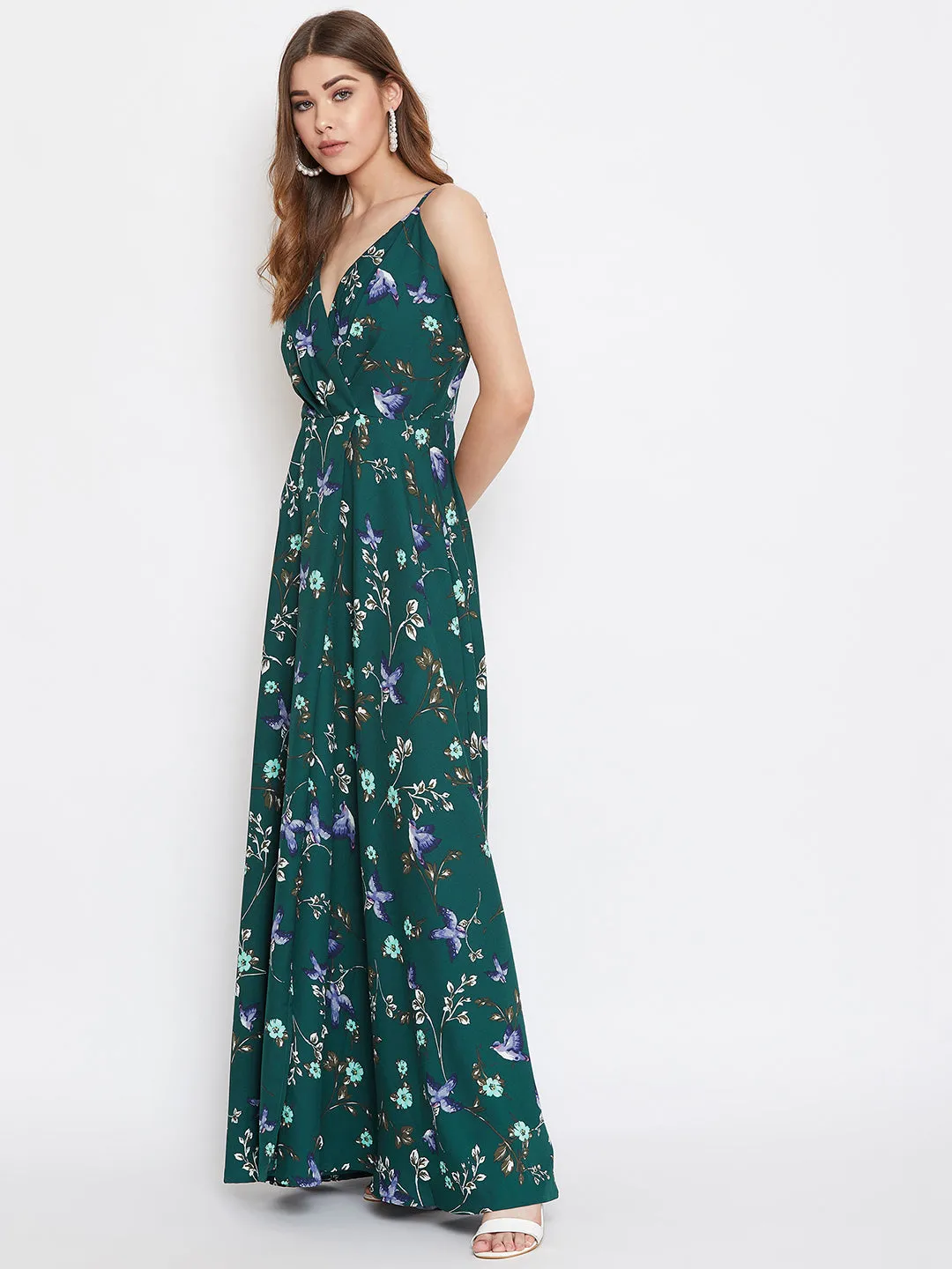 Berrylush Women Dark Green & Off-White Floral Printed V-Neck Thigh-High Slit Fit & Flare Maxi Dress