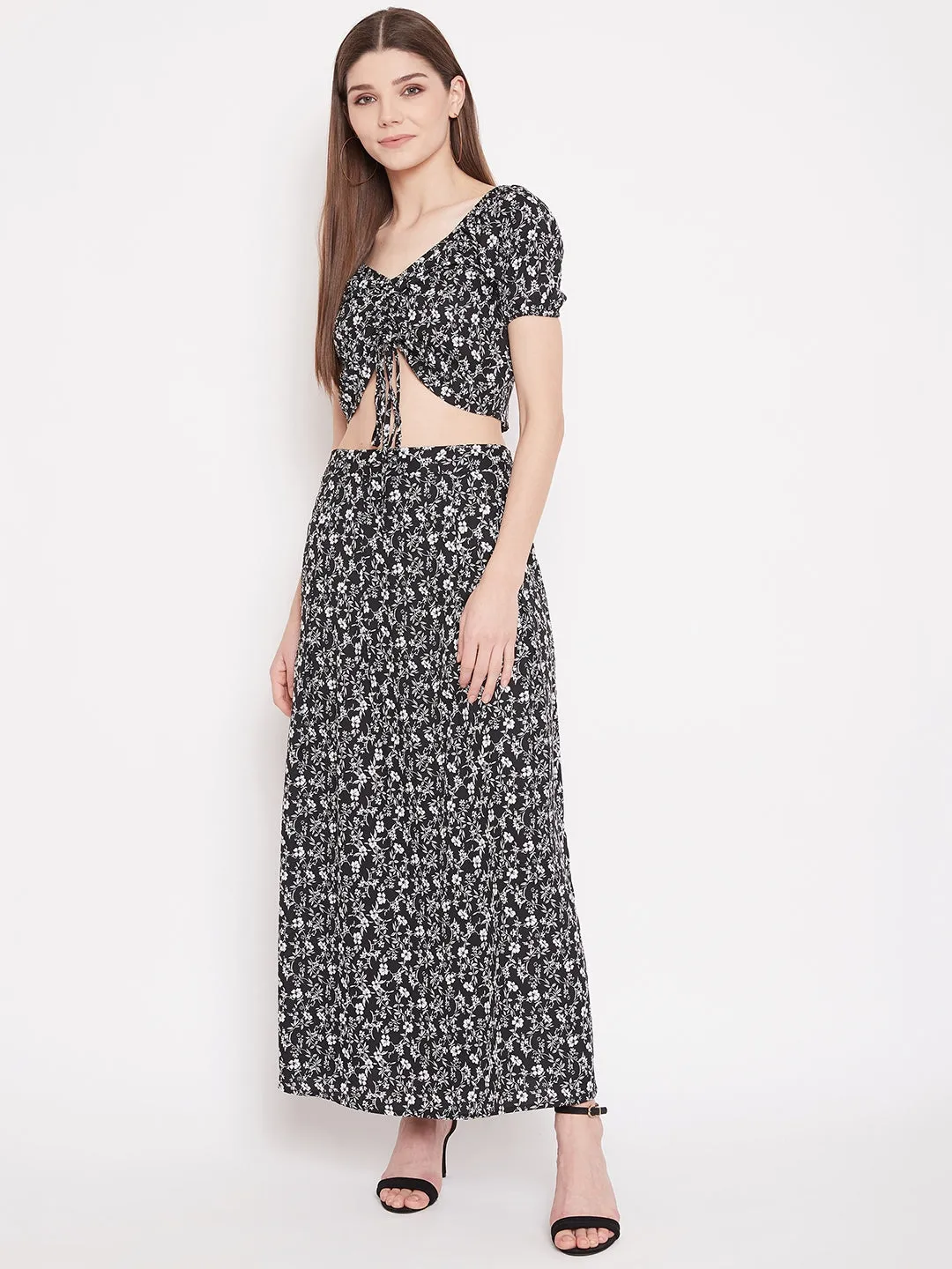 Berrylush Women Floral Printed Two-Piece Black Maxi Dress