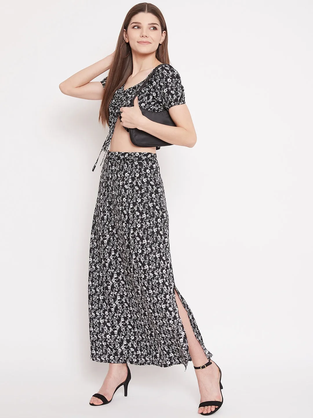 Berrylush Women Floral Printed Two-Piece Black Maxi Dress