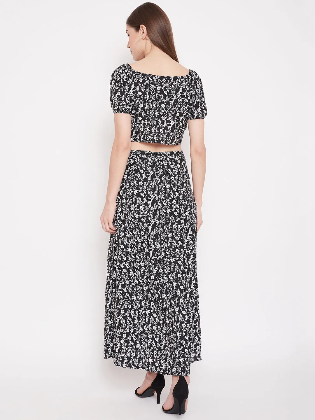 Berrylush Women Floral Printed Two-Piece Black Maxi Dress