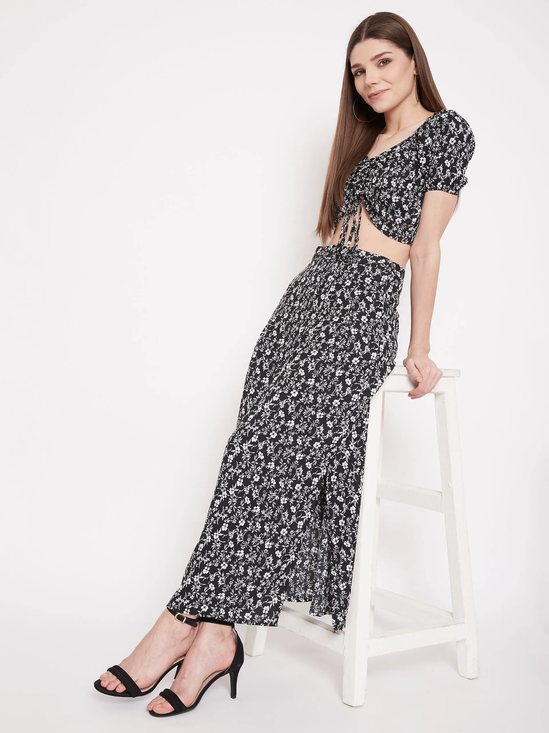 Berrylush Women Floral Printed Two-Piece Black Maxi Dress