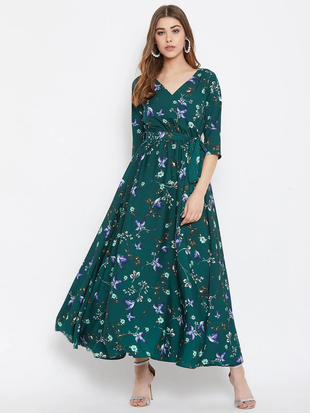 Berrylush Women Green Floral Printed V-Neck A-Line Maxi Dress