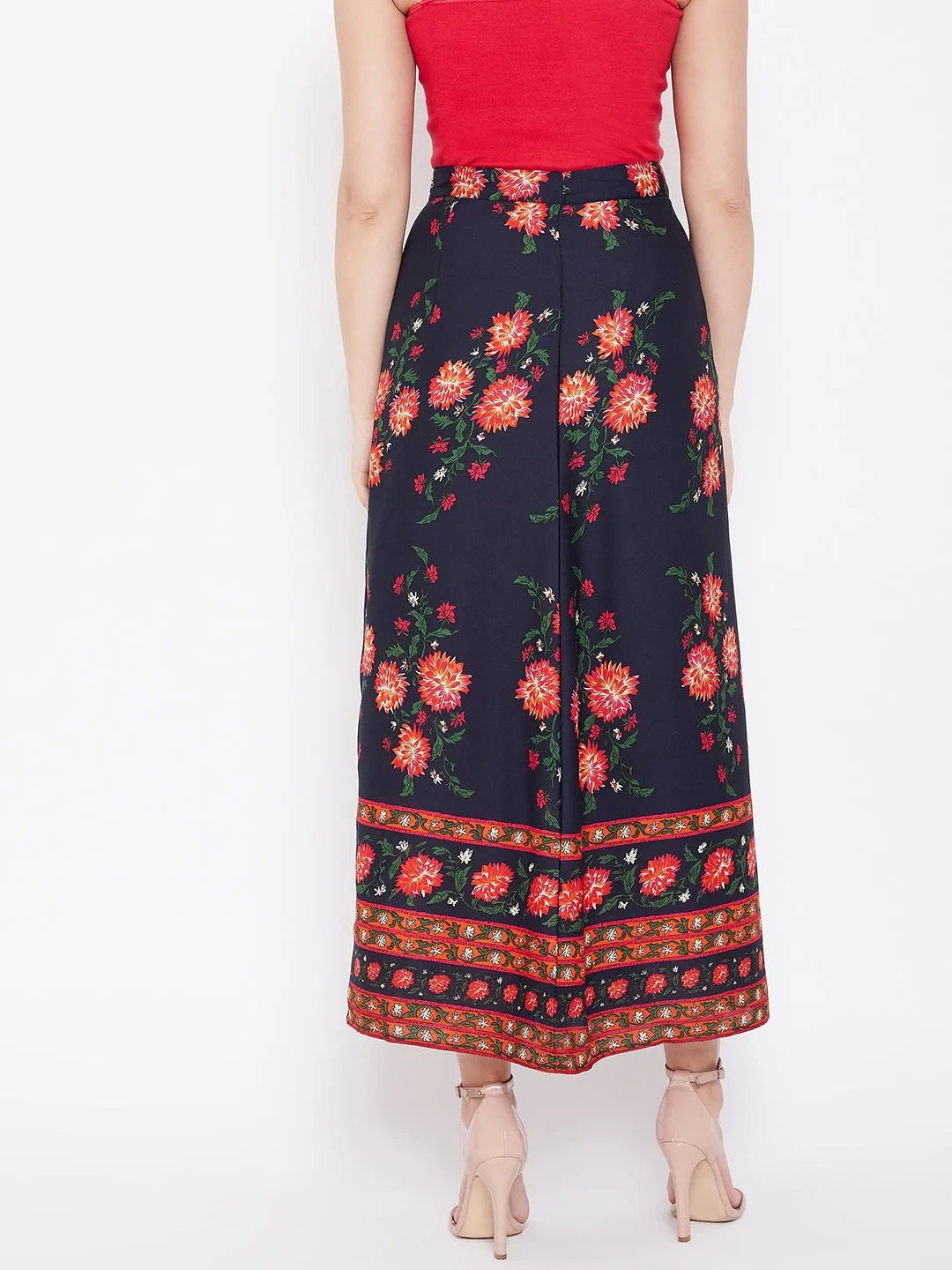 Berrylush Women Navy Blue Floral Printed A-Line Maxi Skirt