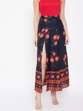 Berrylush Women Navy Blue Floral Printed A-Line Maxi Skirt