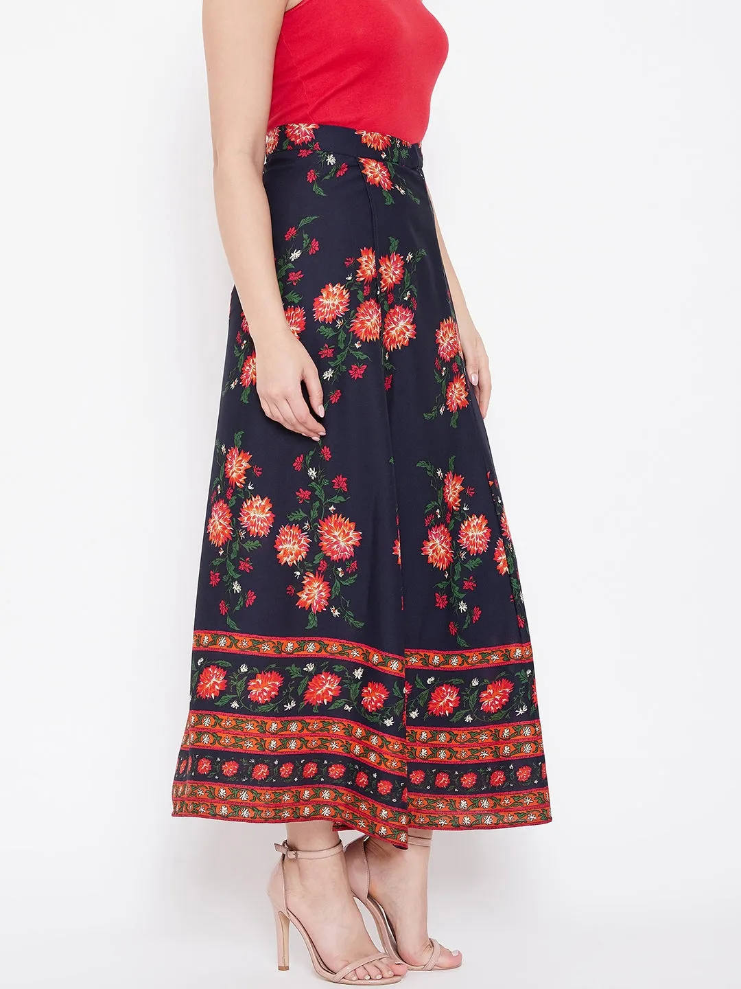 Berrylush Women Navy Blue Floral Printed A-Line Maxi Skirt