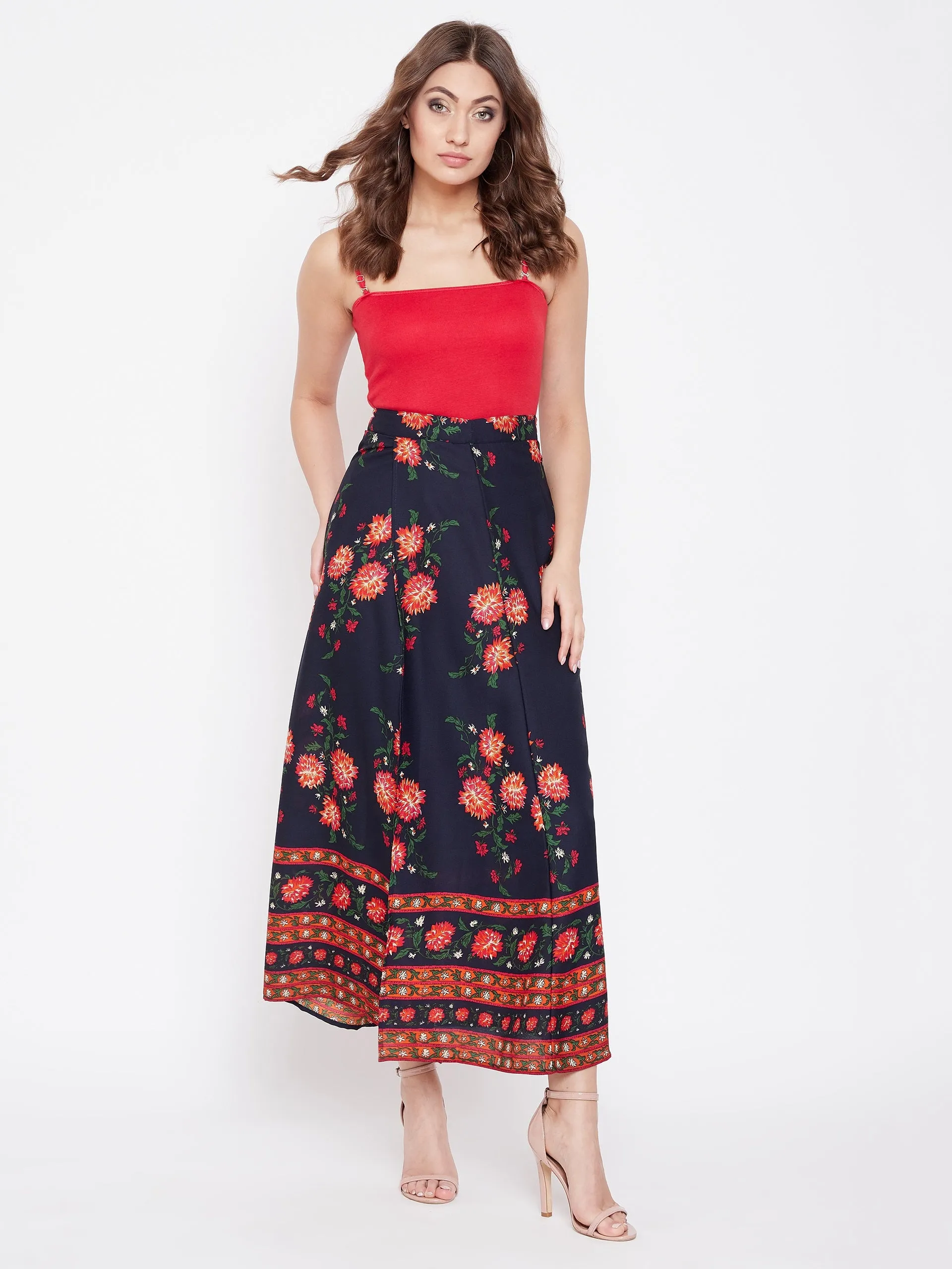 Berrylush Women Navy Blue Floral Printed A-Line Maxi Skirt