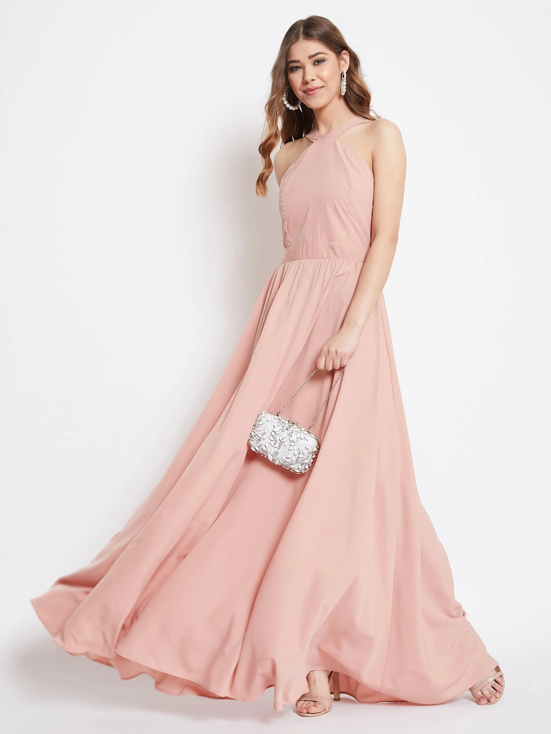 Berrylush Women Solid Pink Blush Halter Neck Flared Maxi Dress