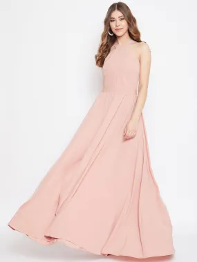 Berrylush Women Solid Pink Blush Halter Neck Flared Maxi Dress