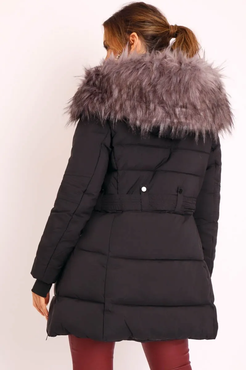 Black Adjustable Waist Longline Puffer Coat - Zofia