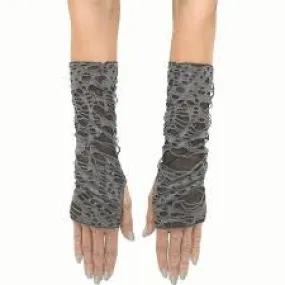 Black And Grey Tattered Fingerless Gloves