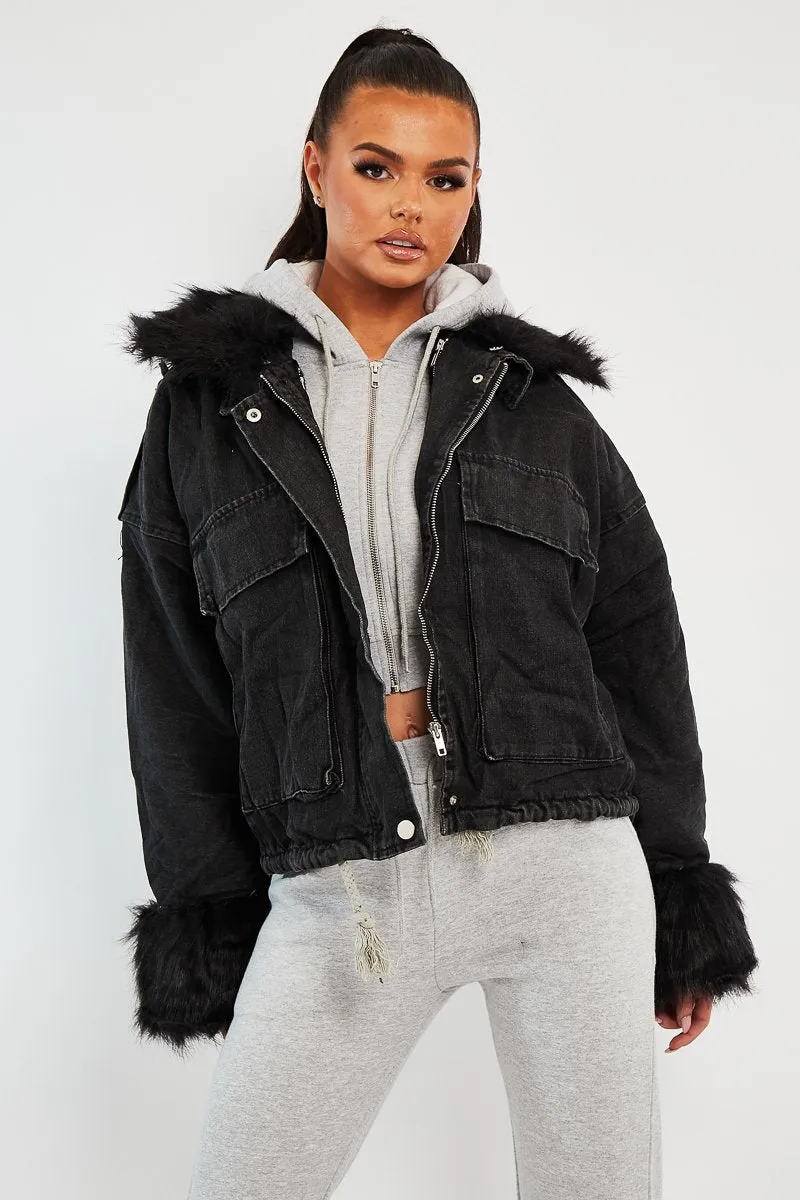 Black Denim Fur Trim Coat - Khaira