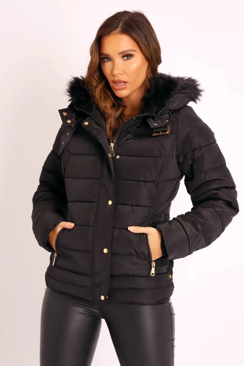 Black Faux Fur Trim Hood Padded Coat - Jessabelle