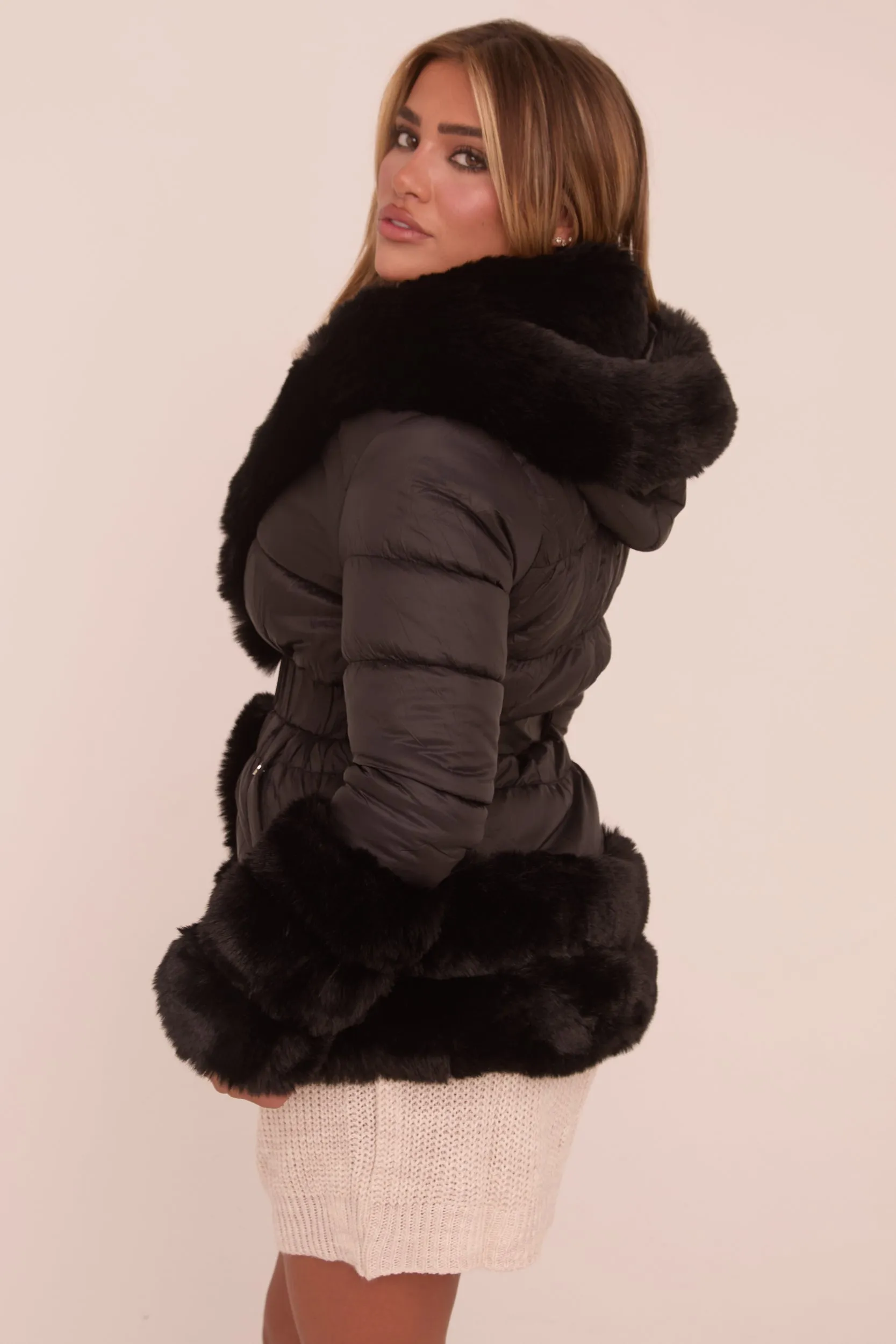 Black Faux Fur Trim Hooded Puffer Coat - Jane