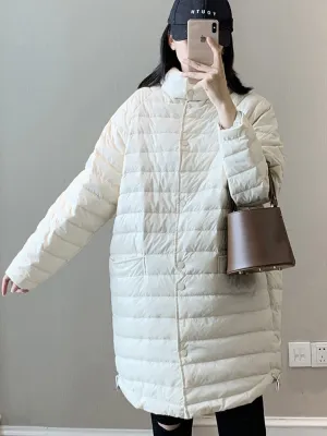 Black Friday Sales Ailegogo Casual Female Ultra Light White Duck Down Long Jacket Autumn Women Lightweight Loose Warm Down Parka Chic Outwear