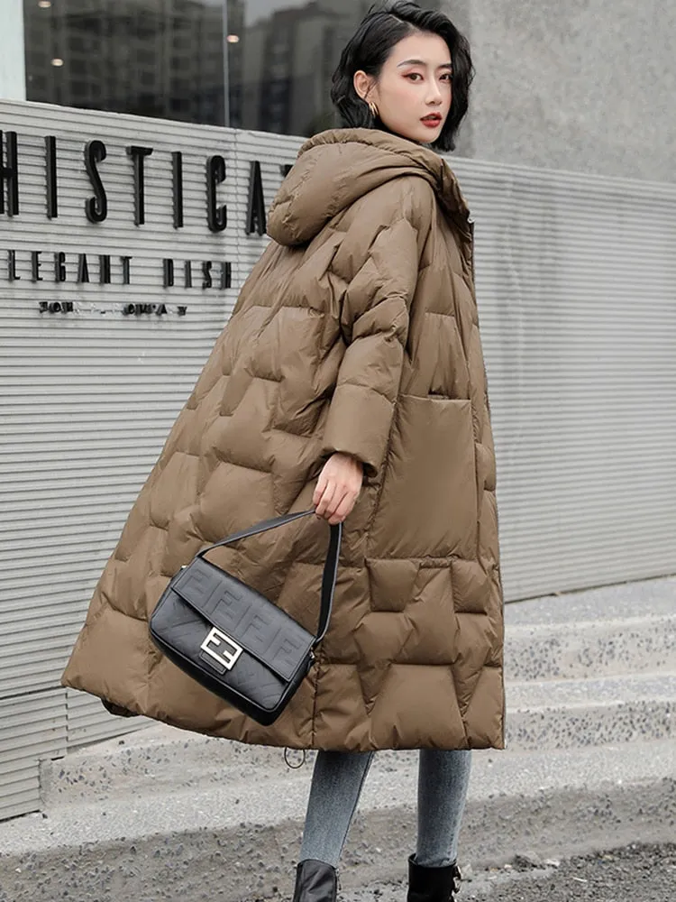 Black Friday Sales Winter Women Hooded Loose Thick Warm 90% White Duck Down Long Parkas Casual Female Zipper Pocket Down Coat Snow Outwear