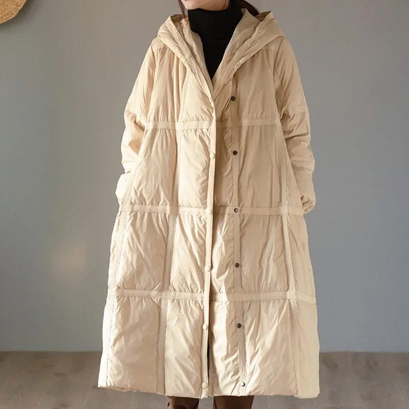 Black Friday Sales  Winter Women Hooded Loose White Duck Down Long Parka Casual Female Single Breasted Warm Down Coat Snow Outwear