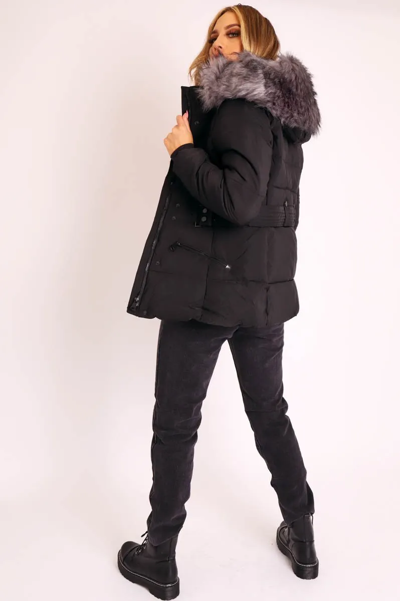 Black Fur Trim Adjustable Waist Puffer Coat - Rossie