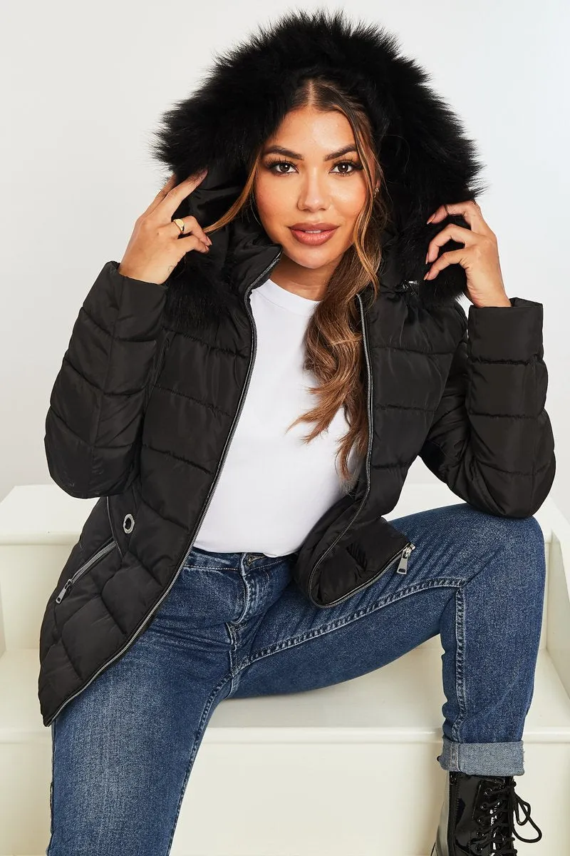 Black Fur Trim Hood Puffer Coat - Reva