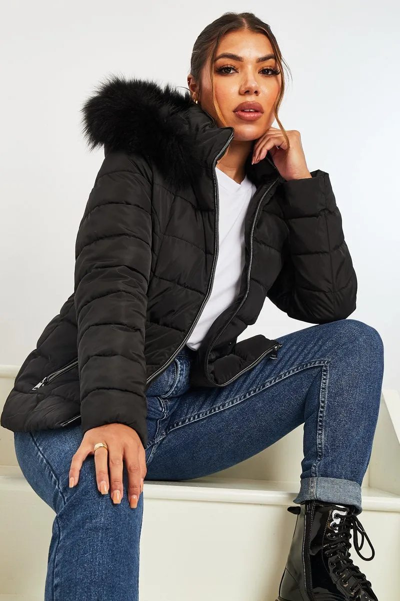 Black Fur Trim Hood Puffer Coat - Reva