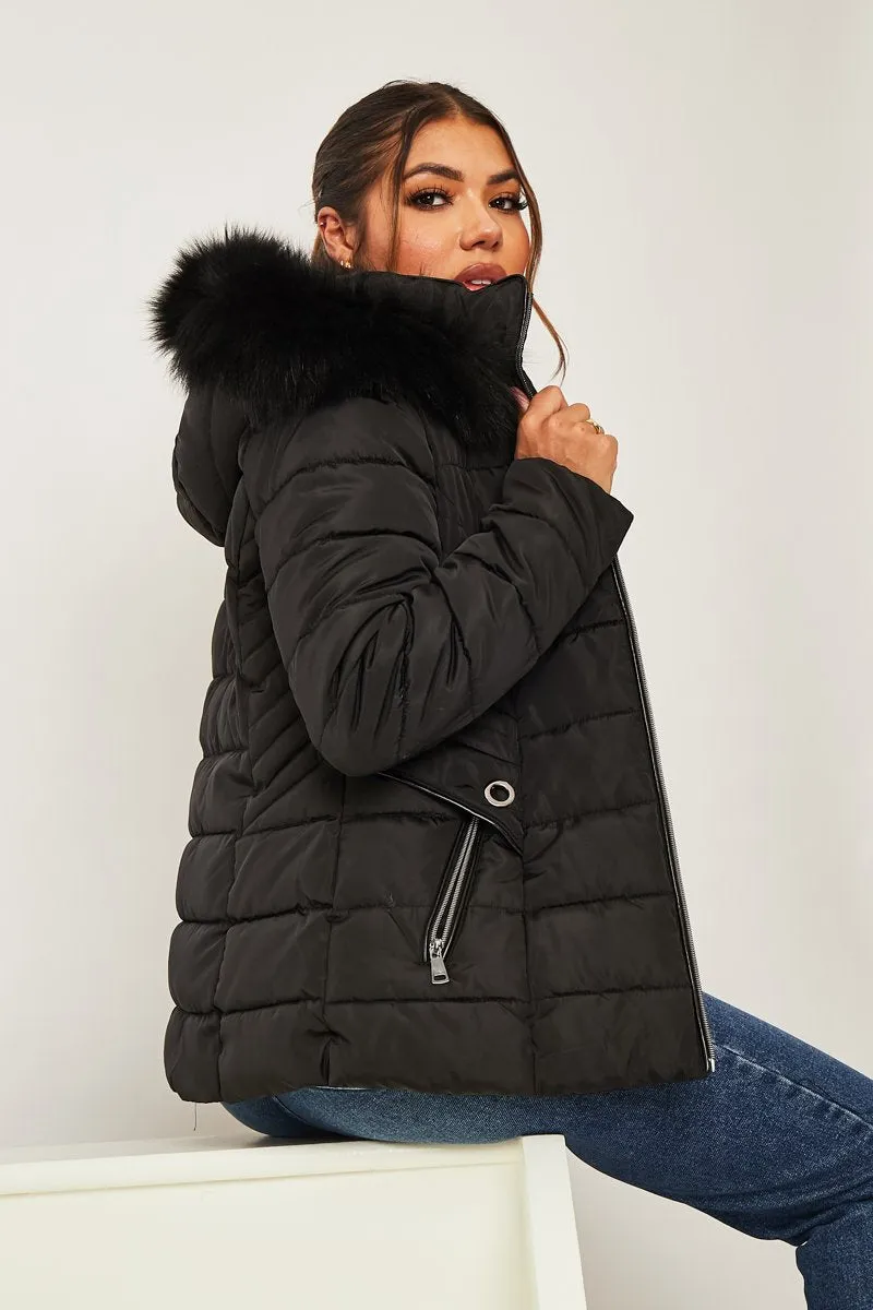 Black Fur Trim Hood Puffer Coat - Reva