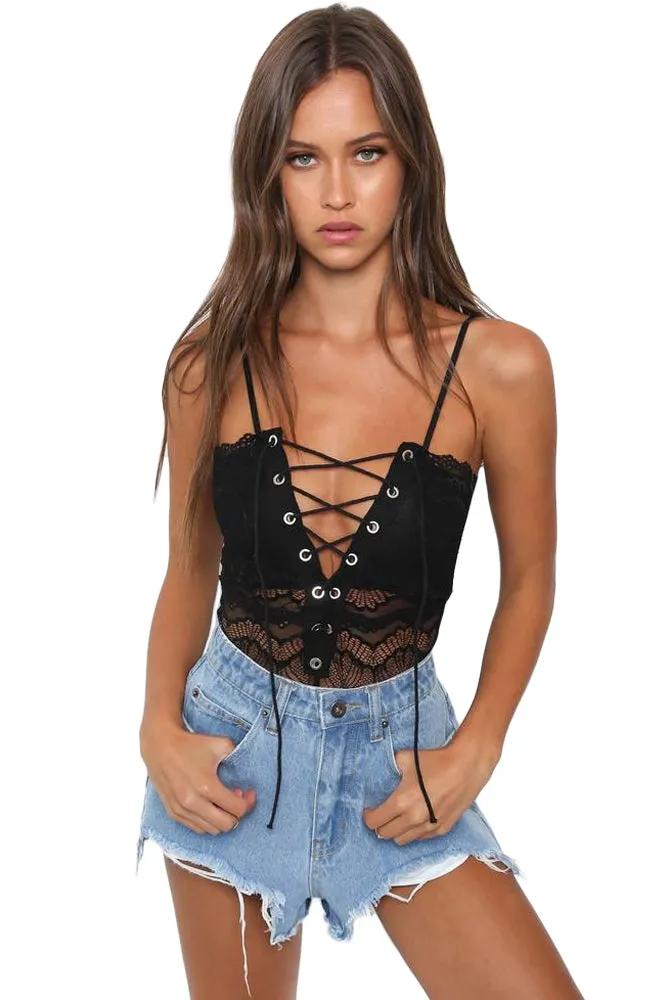 Black Lace-up Front Lace Bodysuit