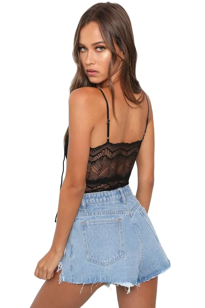 Black Lace-up Front Lace Bodysuit