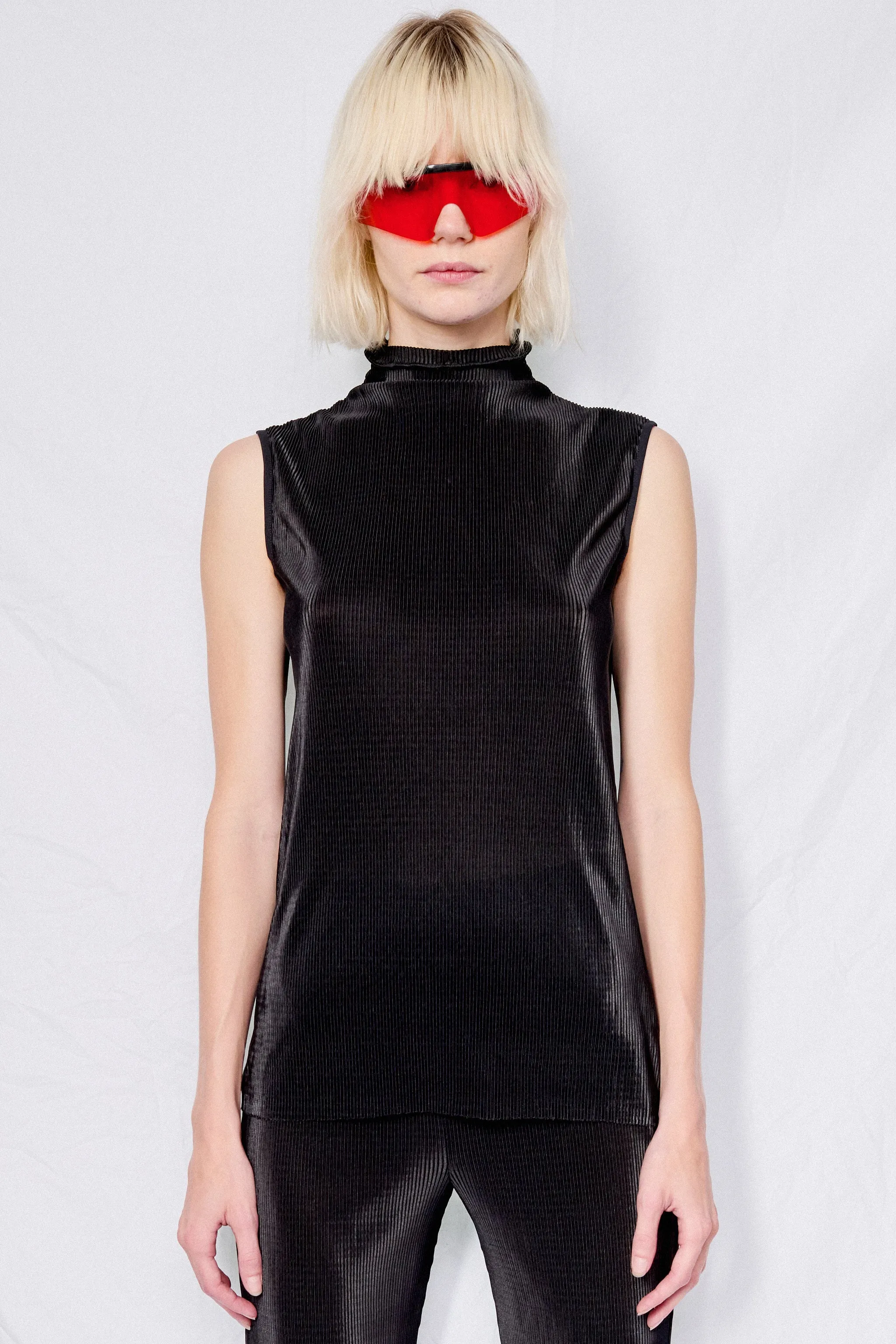 Black Micropleat Sleeveless Mockneck Top