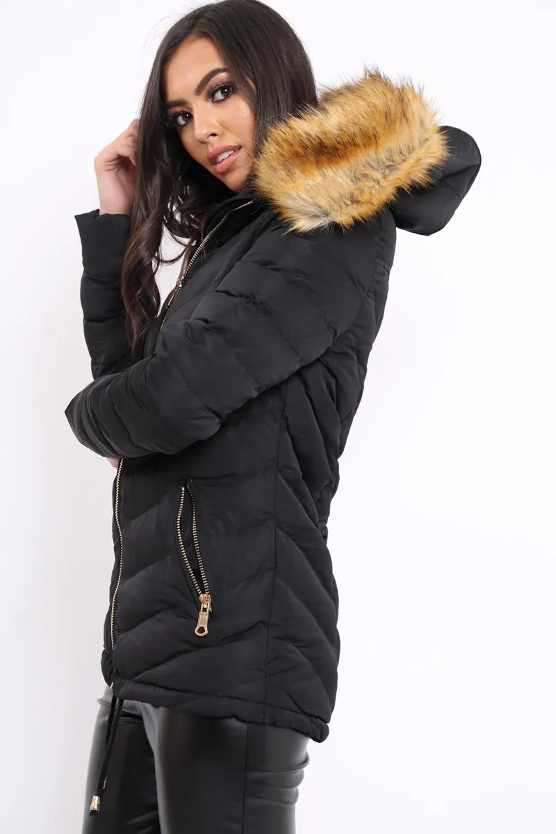 Black Padded Coat With Faux Fur Trim Hood - Jocelyn