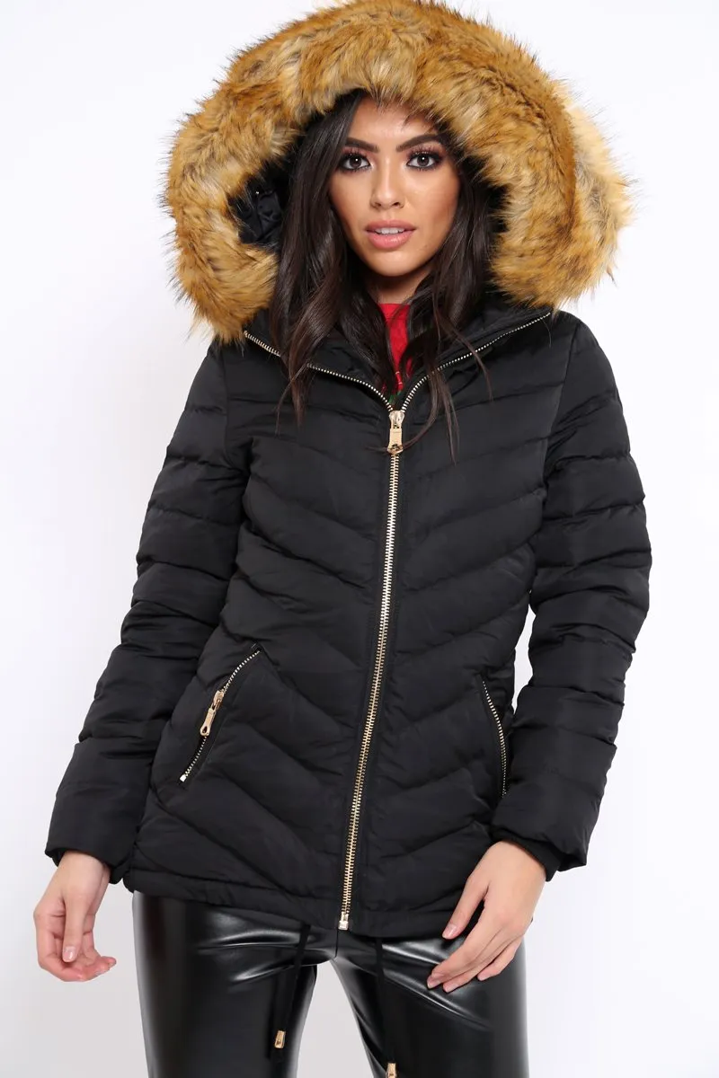 Black Padded Coat With Faux Fur Trim Hood - Jocelyn