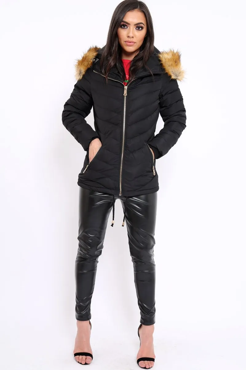 Black Padded Coat With Faux Fur Trim Hood - Jocelyn