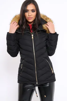 Black Padded Coat With Faux Fur Trim Hood - Jocelyn