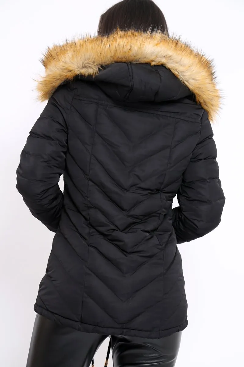 Black Padded Coat With Faux Fur Trim Hood - Jocelyn