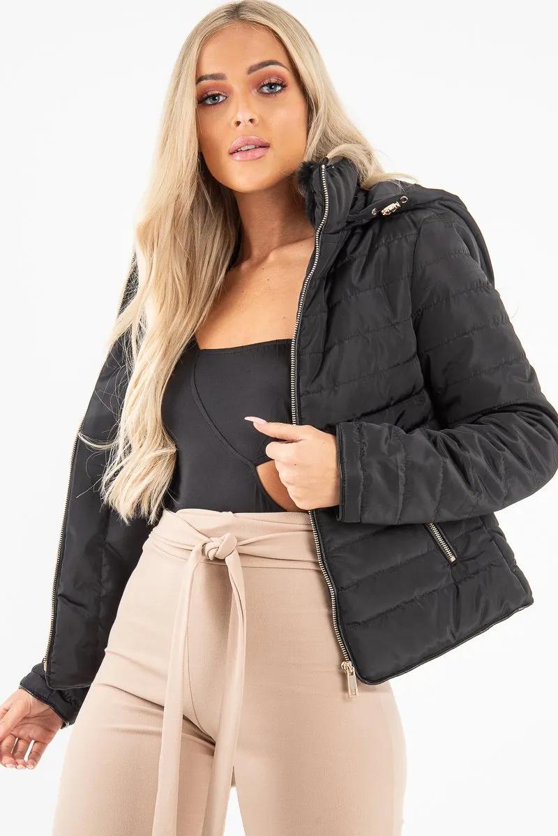 Black Padded Faux Fur Lined Coat - Dorie