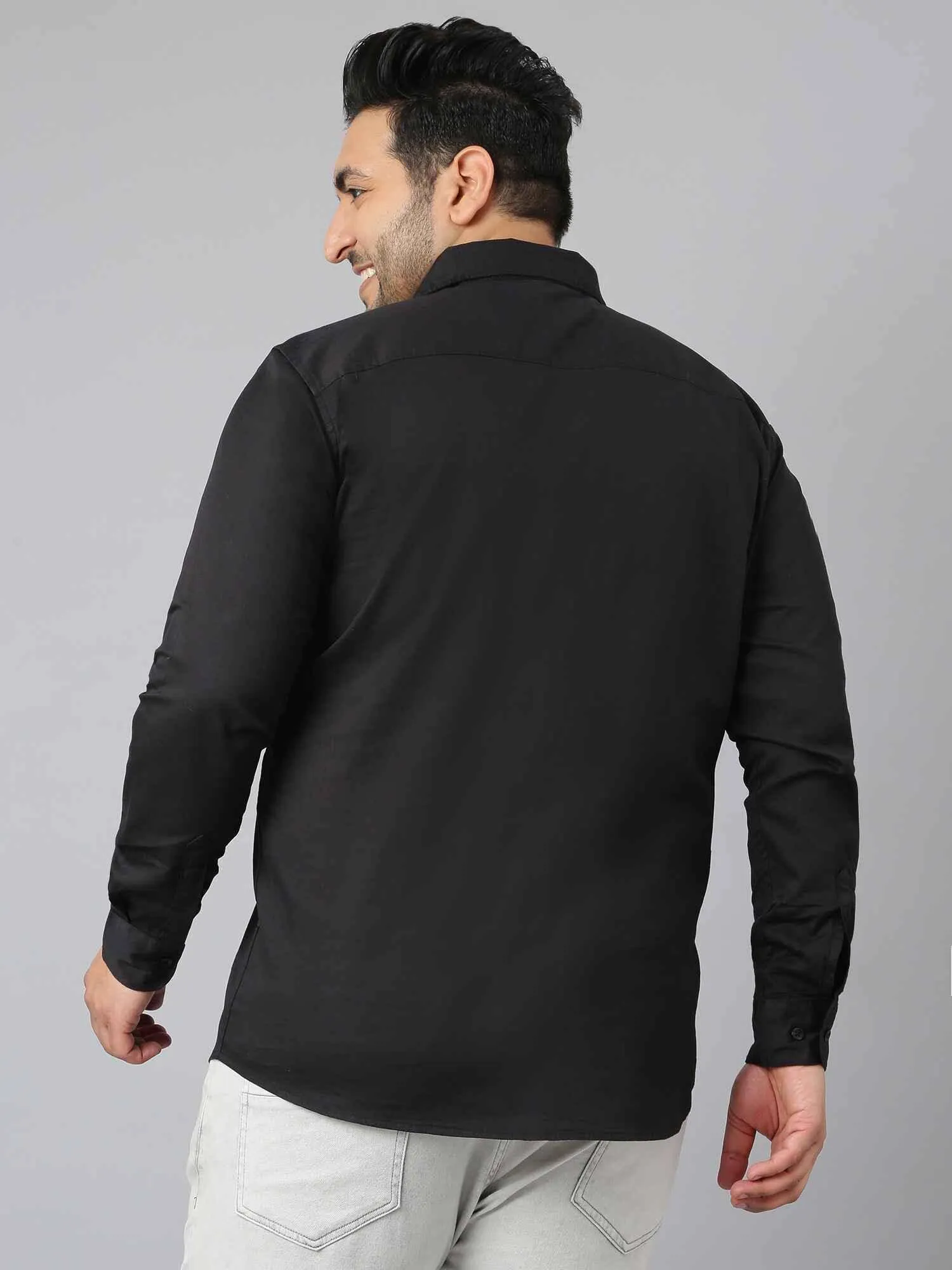 Black Pure Cotton Full Sleeve Shirt Men's Plus Size