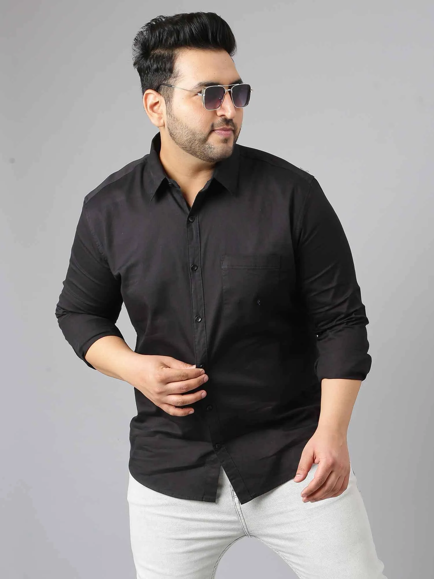 Black Pure Cotton Full Sleeve Shirt Men's Plus Size