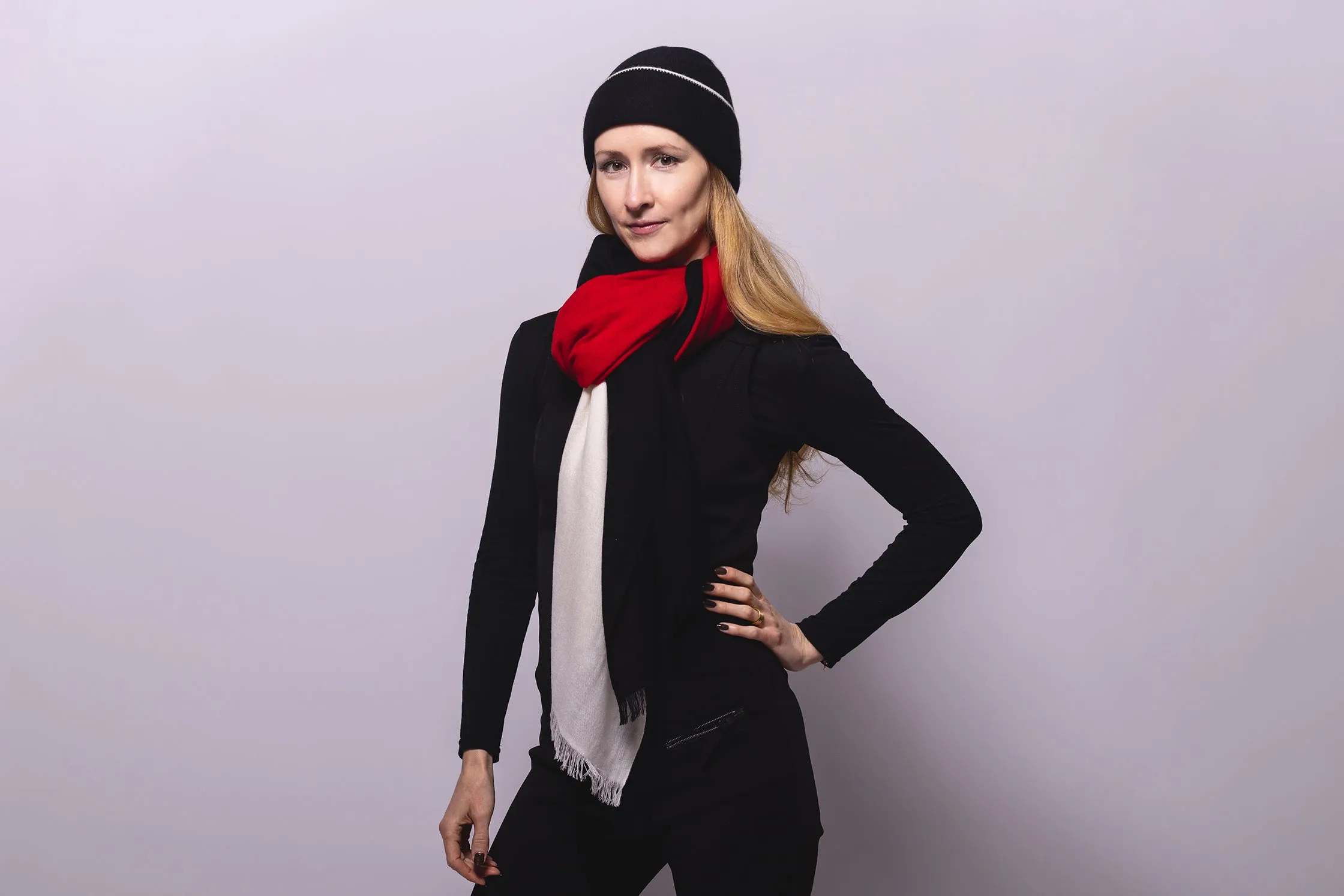 Black Reversible Slouchy Cashmere Hat with White Rim and White Fur Pom