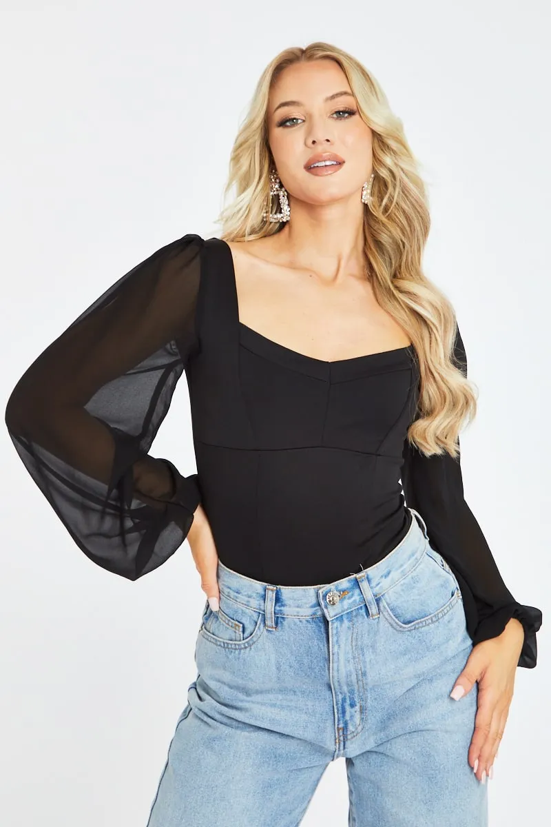 Black Sheer Puffed Sleeve Bodysuit - Victoria