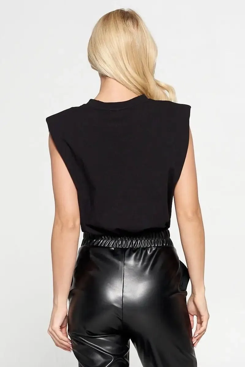 Black Solid Shoulder Pad Top