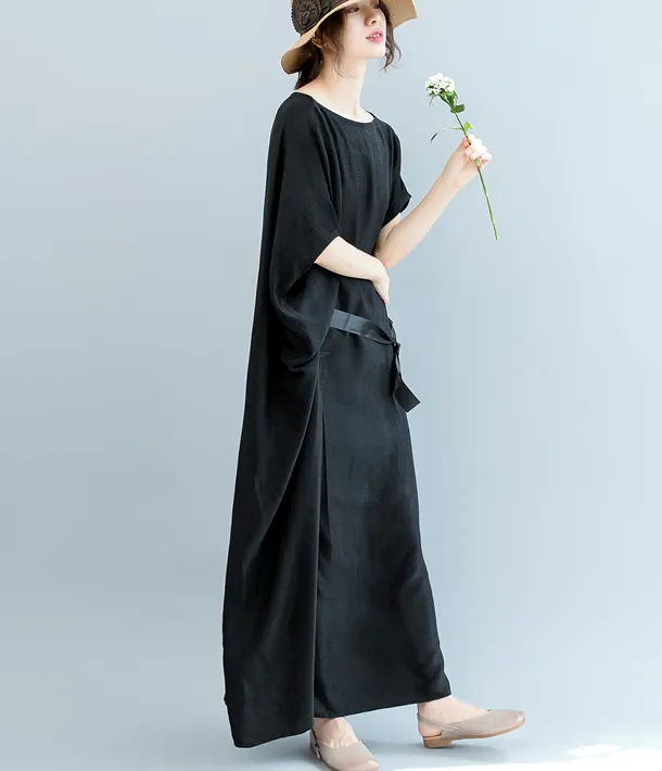 Black WaistLine Summer Cotton Linen Spring Women Dresses QZ200536