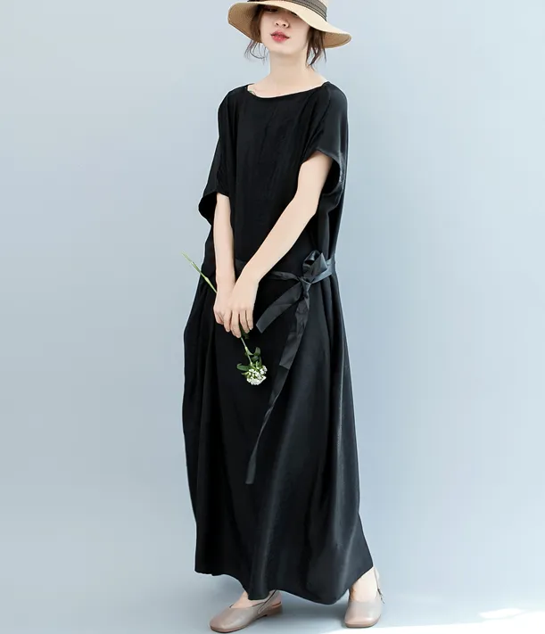 Black WaistLine Summer Cotton Linen Spring Women Dresses QZ200536