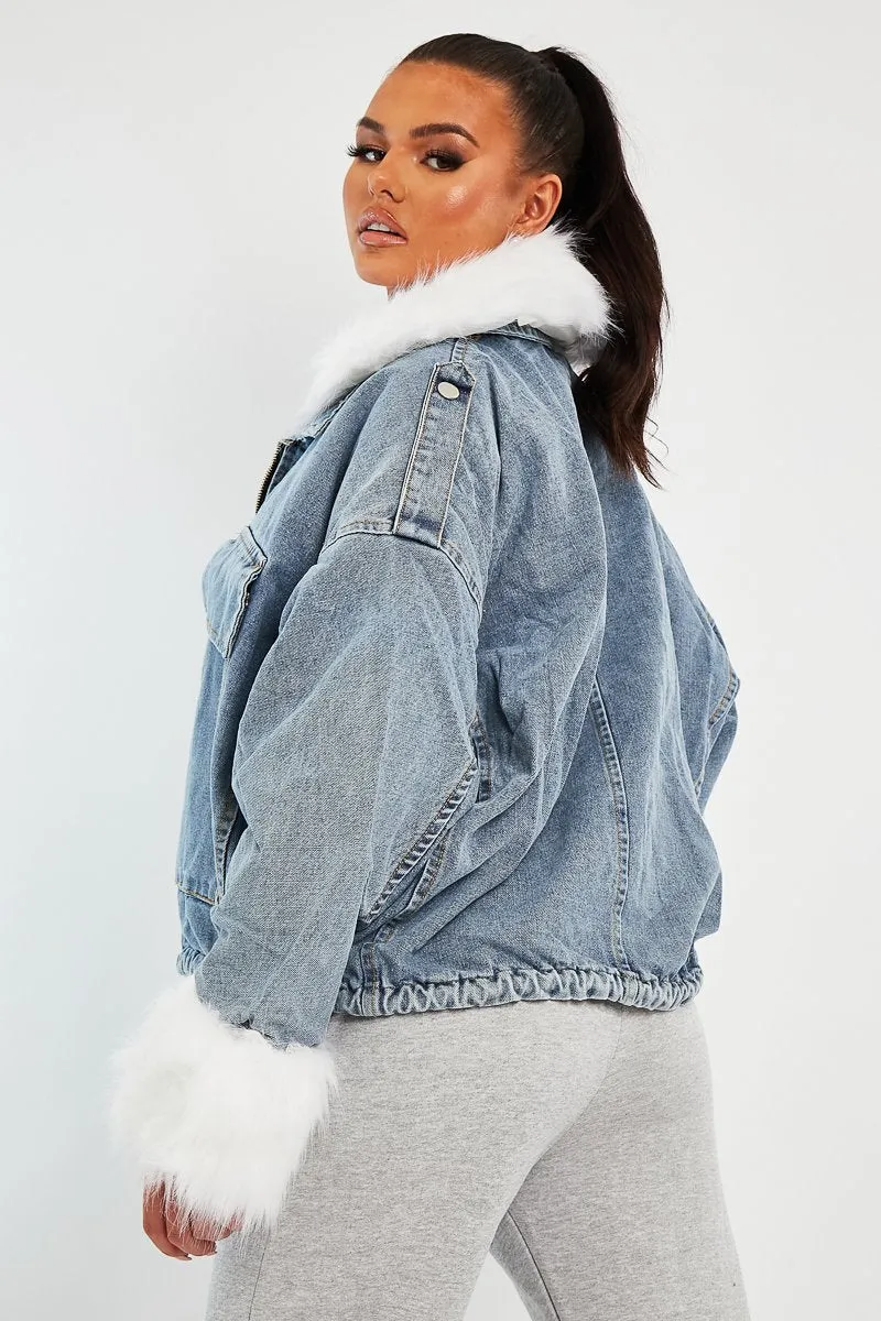 Blue Denim Fur Trim Coat - Khaira