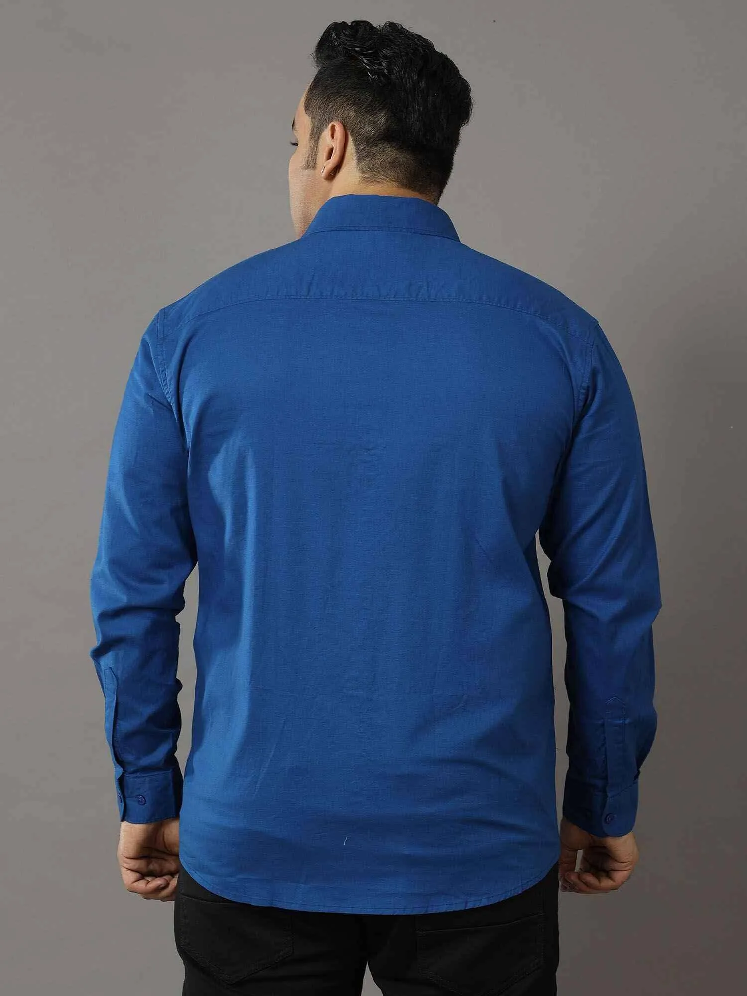 Blue Solid Pure Cotton Shirt Men's Plus Size