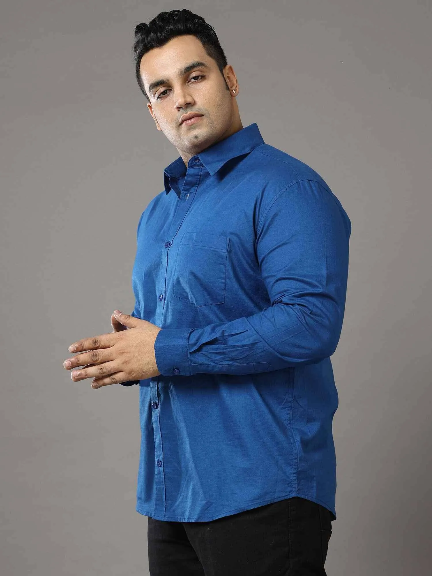 Blue Solid Pure Cotton Shirt Men's Plus Size