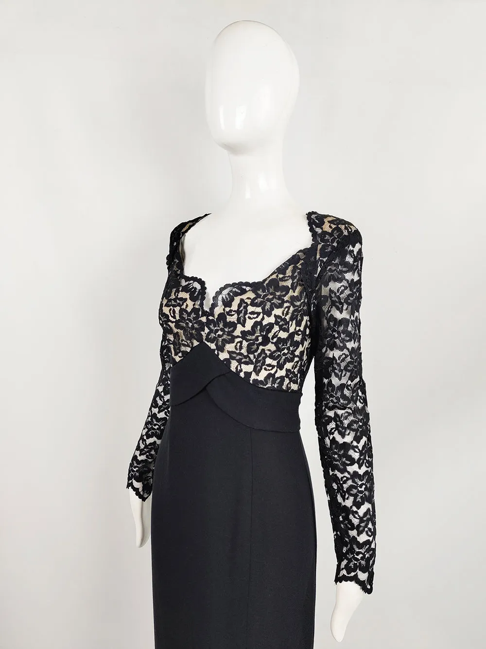 Bob Mackie Vintage Black Crepe & Lace Maxi Evening Gown