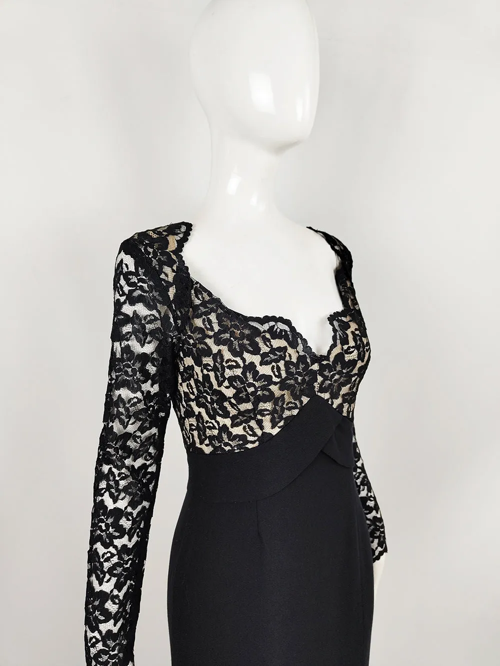 Bob Mackie Vintage Black Crepe & Lace Maxi Evening Gown