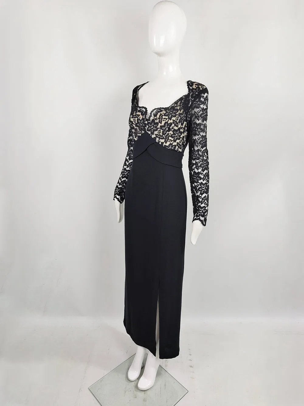 Bob Mackie Vintage Black Crepe & Lace Maxi Evening Gown