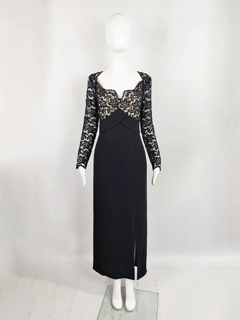 Bob Mackie Vintage Black Crepe & Lace Maxi Evening Gown